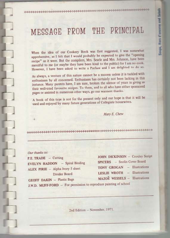 COOKERY BOOK - COLLEGIATE JUNIOR SCHOOL FOR GIRLS (2ND EDITION 1971)
