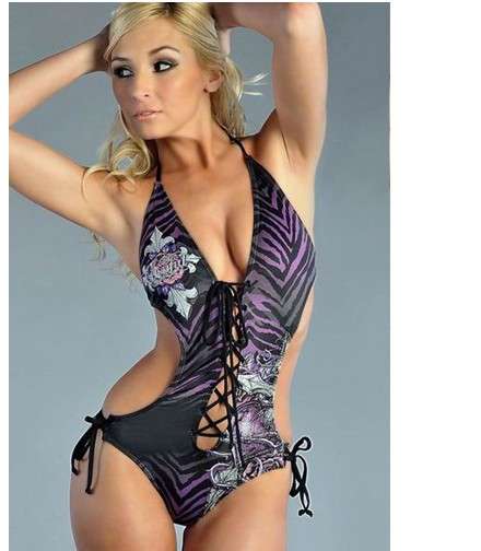 One-piece Lace-up Front Halter Bikini Black