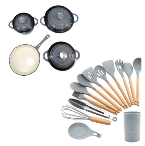 7 Piece Cast Iron Pot Set and 12 Piece Silicone Utensil Set