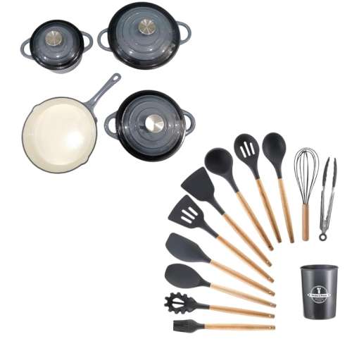 7 Piece Cast Iron Pot Set and 12 Piece Silicone Utensil Set
