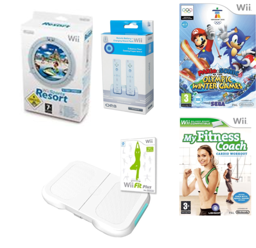 Wii Console White+Sports Resort+Wii Sport+Mario Kart+2Remotes+2Nunchuks+2Solus Wheel+Balance Board
