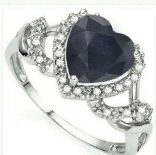 Genuine 1.53 CT Black Sapphire & 2 Pcs White Diamond Sterling Silver Ring with Platinum Size 7Coat.