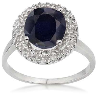 Genuine 2.62 CT Sapphire & 2 Pcs White Diamond Sterling Silver Ring with Platinum Coatt.