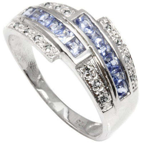 FREE SHIPPING Genuine Tanzanite & White Diamond Sterling Silver Ring with Platinum Coat.