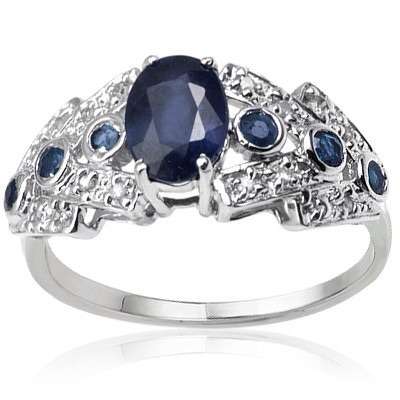 Genuine  Blue Black Sapphire  &  White Diamond Sterling Silver Ring with Platinum Coat.