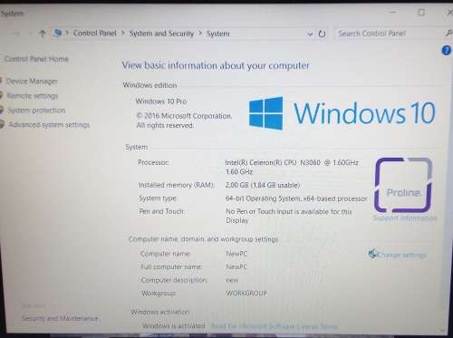 Homechoice (Proline) Laptop As New, Windows 10 Celeron N3060, 1.6GHZ, 2GB RAM, 500GB Hard drive