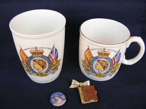 Coronation 1953, Combo. Mug, Goblet, Photo Book Brooch, Tin Badge, see pics and description