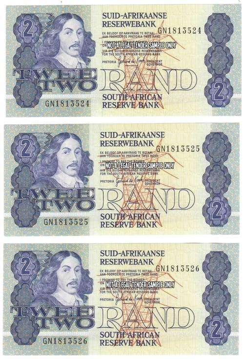 R2.00 Notes 3 x in series GN1813524/25/26. Gerhard De Kock. uncirculated see scans