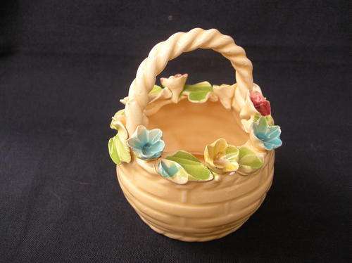 Small Floral Basket "CAPODIMONTE"  Italy,  6cm's across, & 8cm's high, condition very good