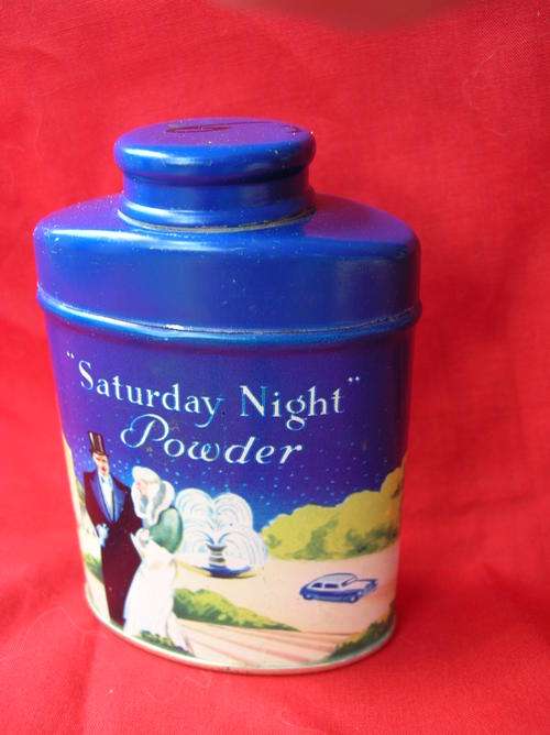 Vintage,Body Powder tin "Saturday Night Powder" Made in England,condition good see pics for details