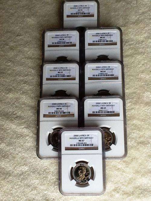 9 COINS SET - 2008 90TH BIRTHDAY MANDELA R5 AU55+58 +MS62 +63+64+65+66+67(x2)