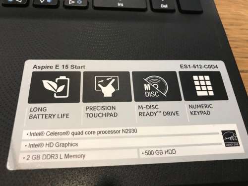 ACER ASPIRE E15 **Quad Core Intel Celeron N2930 **4GB DDR3 **HD GRAPHICS **500GB HDD