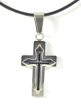 Stainless Steel 2-tone Double Cross Pendant - with leather Thong Necklace