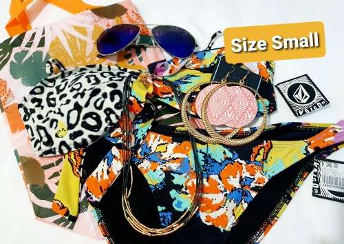 GORGEOUS BEACH GLAM KIT Volcom Bikini in a Bag with Sunglasses and Fashion Jewellery (Size S)