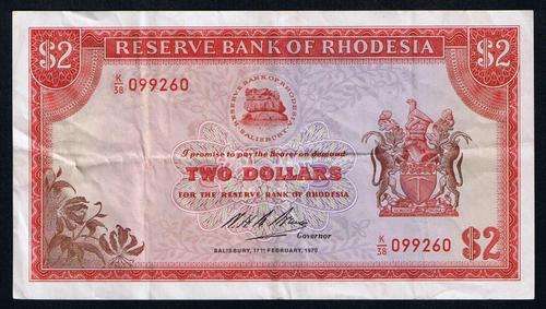 Rhodesia  - 1970 -  2 Dollars  -  Pick 31a  -  VF