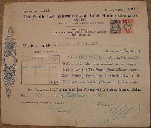 South East Witwatersrand Gold Mining Company - 1933 - 1s and 6d Revenues