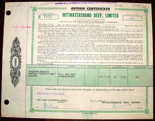 Share_Certificate_-_Witwatersrand_Deep_-_1947