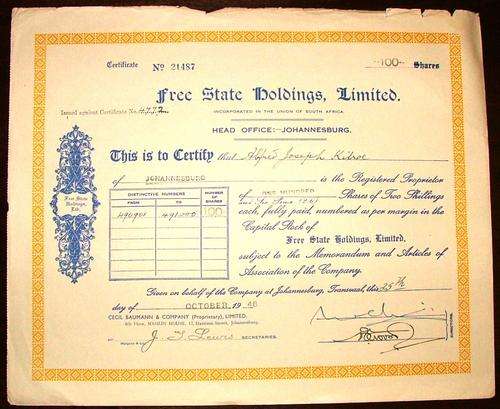 Share_Certificate_-_Free_State_Holdings_-_1948
