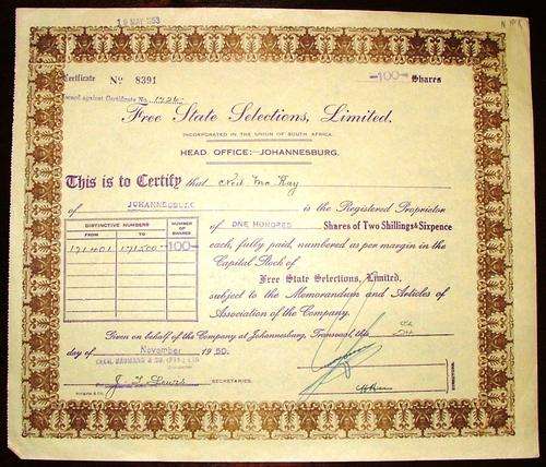 Share_Certificate_-_Free_State_Selection_Ltd_-_1950