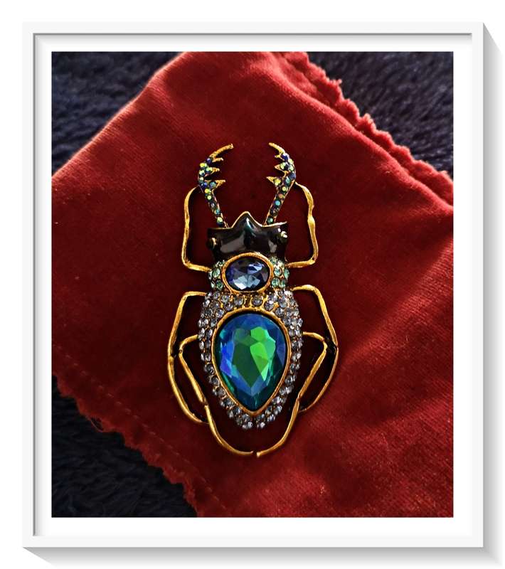 Glitterbug: Aquamarine and Gold Coloured Metal Stag Beetle Brooch - Exquisite Bug*
