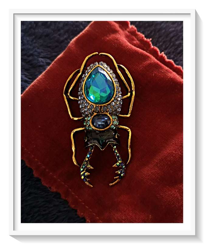 Glitterbug: Aquamarine and Gold Coloured Metal Stag Beetle Brooch - Exquisite Bug*