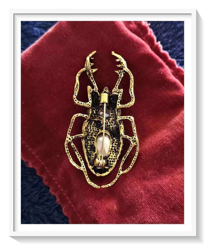 Glitterbug: Aquamarine and Gold Coloured Metal Stag Beetle Brooch - Exquisite Bug*