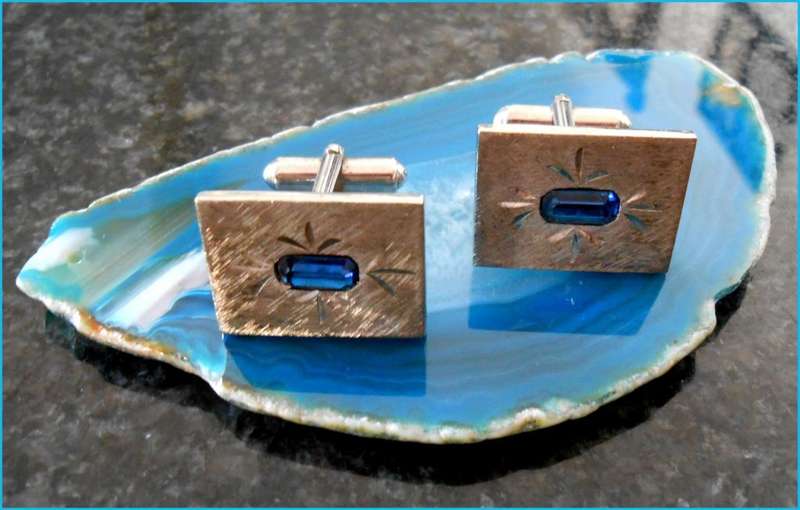 Retro Vintage Steel Cufflinks with Stunning Cut Dark Blue Simulated Stones FOR HIM
