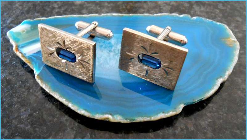Retro Vintage Steel Cufflinks with Stunning Cut Dark Blue Simulated Stones FOR HIM