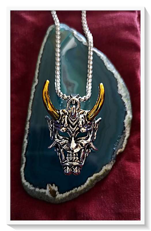 Necklace with Chrome Metal Devil Mask Pendant with Gleaming Golden Horns For HIM or HER *