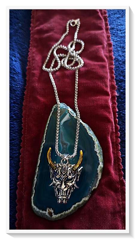 Necklace with Chrome Metal Devil Mask Pendant with Gleaming Golden Horns For HIM or HER *