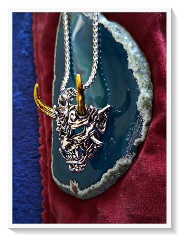 Necklace with Chrome Metal Devil Mask Pendant with Gleaming Golden Horns For HIM or HER *