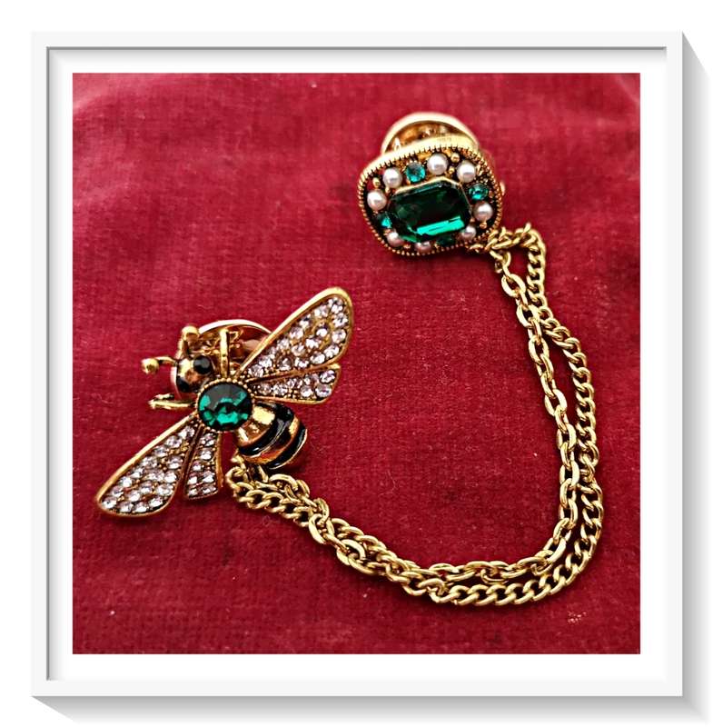 The Most Exquisite Little Bee Pin with Emerald Green and Gold Safety Chain Pin - For Him or Her*