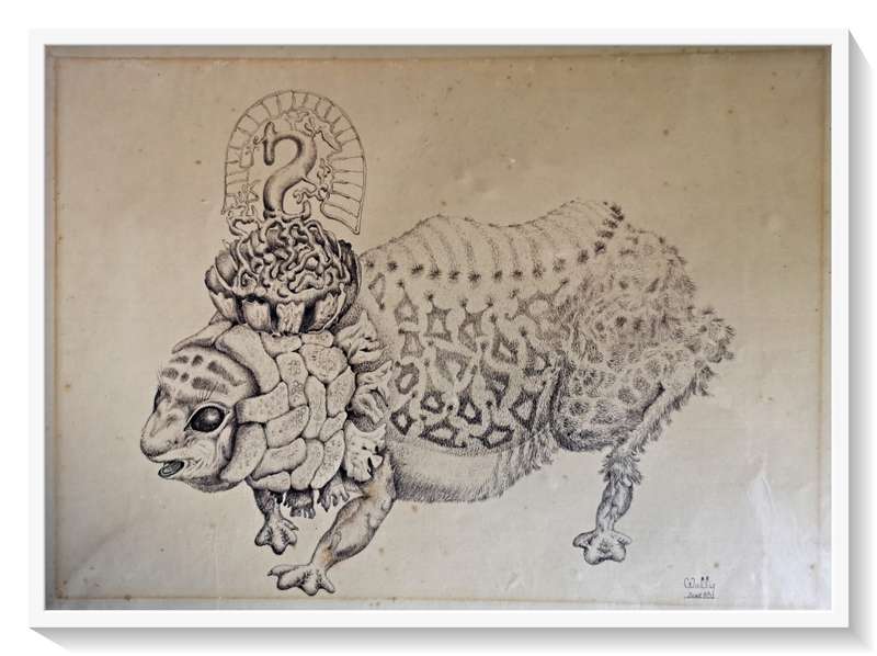 'Untitled' Lead Pencil Drawing of a Phantastical Animal 1985 - Human Centred Art by SA Artist Wally