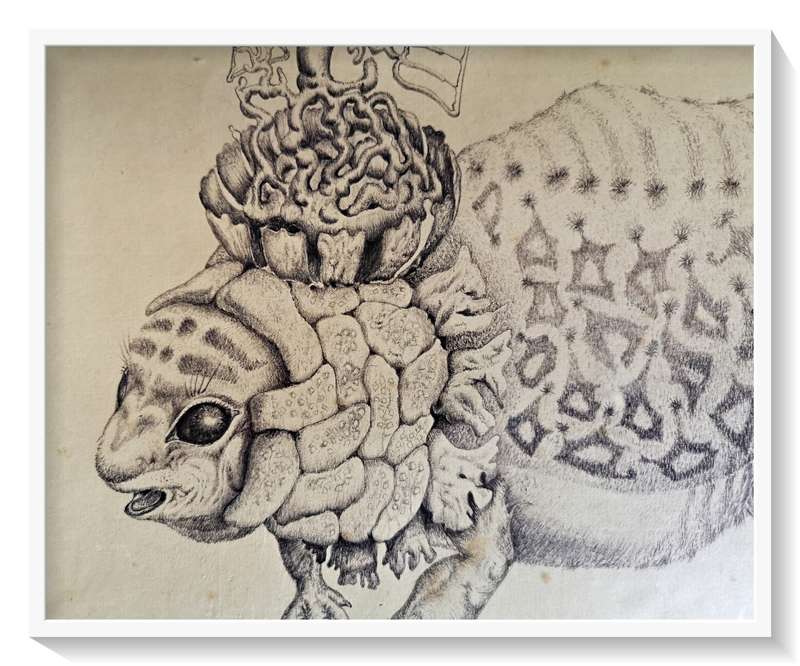 'Untitled' Lead Pencil Drawing of a Phantastical Animal 1985 - Human Centred Art by SA Artist Wally