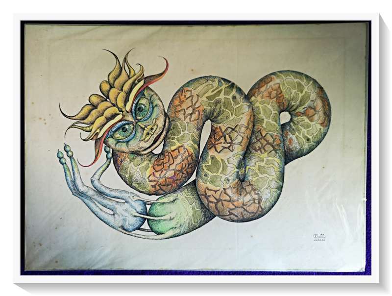 Vintage Color Drawing UNTITLED of a Medusa Like Creature by 1980s Phantastic Surrealist Artist Wally