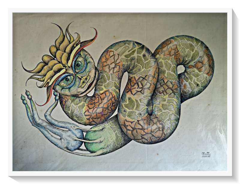 Vintage Color Drawing UNTITLED of a Medusa Like Creature by 1980s Phantastic Surrealist Artist Wally