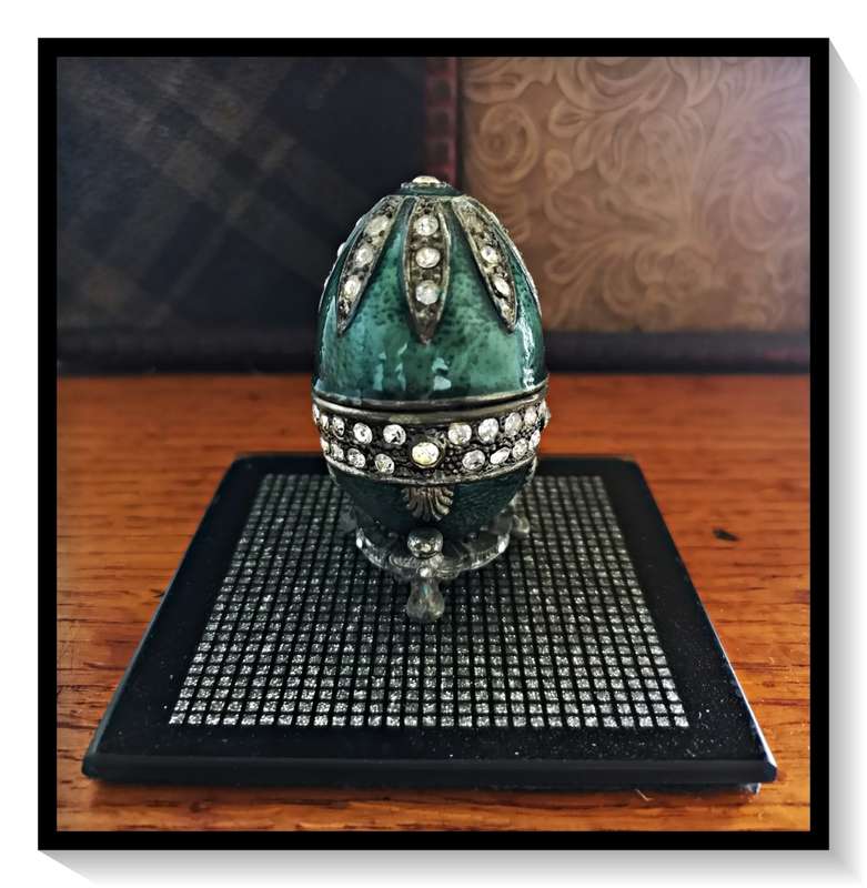 Lovely Old Pewter Egg Shaped Enamel Painted Trinket Holder with All Glass Embellishments in Tact ***