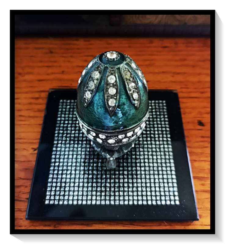 Lovely Old Pewter Egg Shaped Enamel Painted Trinket Holder with All Glass Embellishments in Tact ***