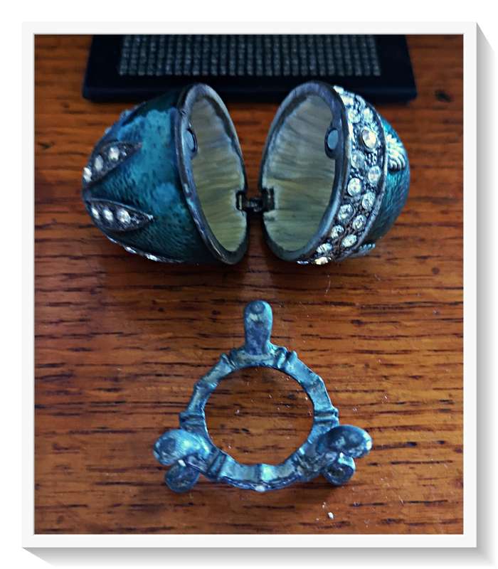 Lovely Old Pewter Egg Shaped Enamel Painted Trinket Holder with All Glass Embellishments in Tact ***