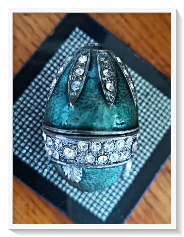 Lovely Old Pewter Egg Shaped Enamel Painted Trinket Holder with All Glass Embellishments in Tact ***