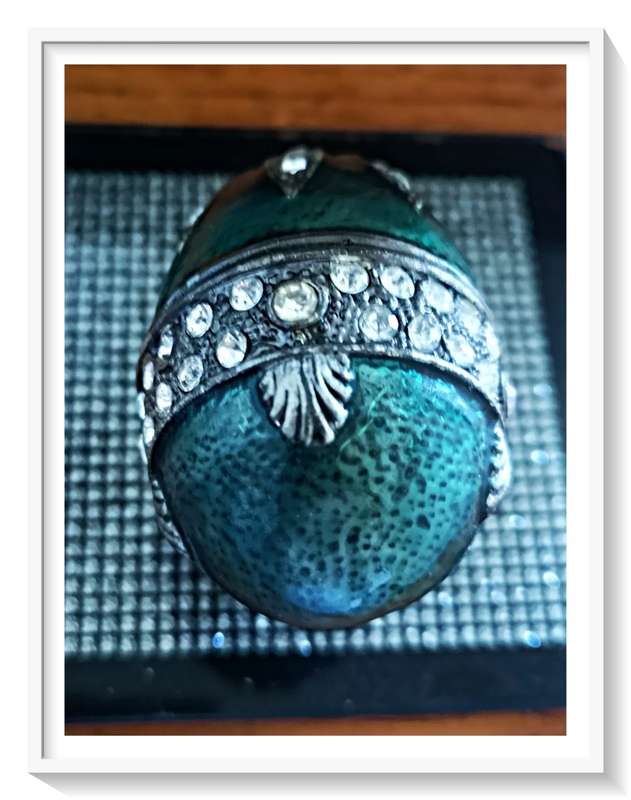Lovely Old Pewter Egg Shaped Enamel Painted Trinket Holder with All Glass Embellishments in Tact ***
