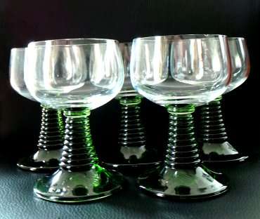 A Set of 5 Most Unusual Wine Glasses with Thick Green Ringed Base and Stems - Truly Unique!
