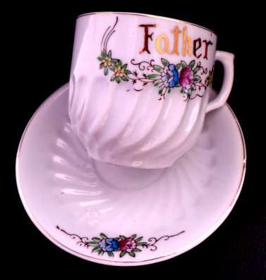 Old Coffee Cup - FATHER Font in Glimmering Gold Colour - With Matching Saucer*