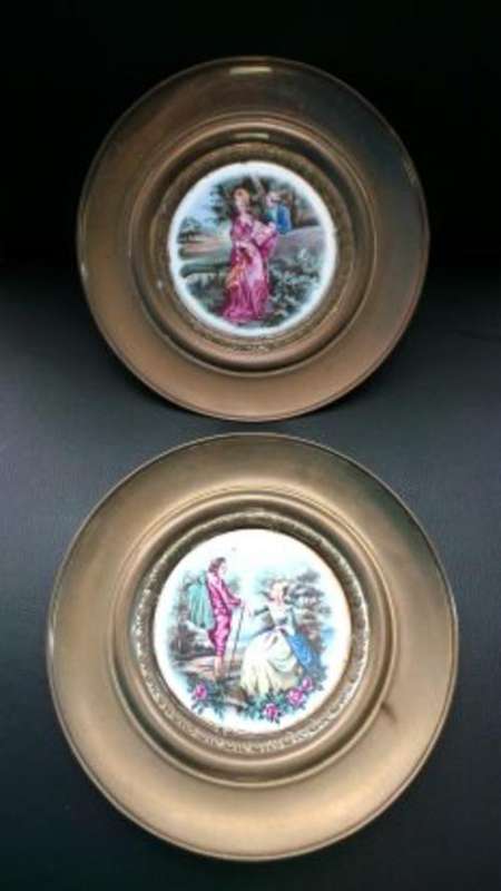 TWO VERY CLASSICAL BRASS PLATES HOLDING ROUND PORCELAIN TILES DEPICTING FAIR LADIES**
