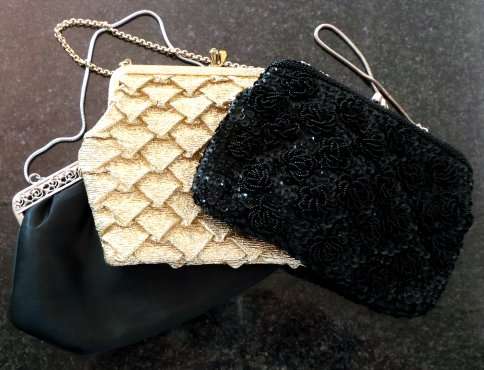 3 X Vintage Handbags - Gold / Black Bead / Plain Black- Marked down - bargain