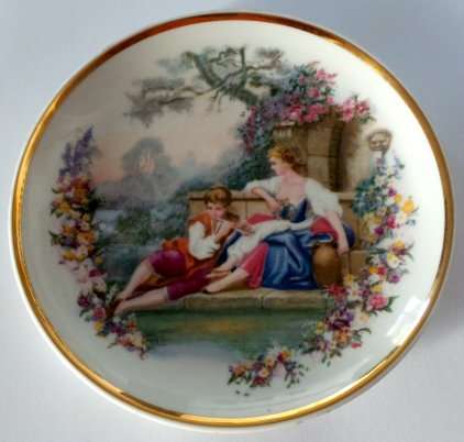 A Very Colourful Gold-Rimmed Plate with a Rococo Themed Scene - Royal Decor - Hand-decorated***