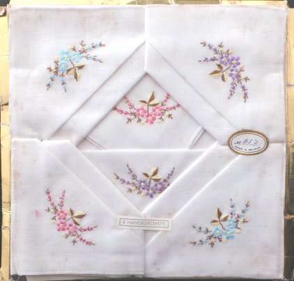 A Set of Six Old Intricately Embroidered Handkerchiefs in Box*