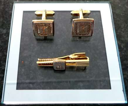 Tie Pin and a Pair of Cufflinks - Gold in Colour - Jewish Candelabra Symbol on Items