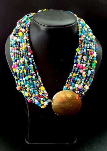 Thickly Beaded Ethnic Necklace with Linking Brass Disc*