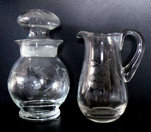 Elegant Functional Glassware - A Milk Jug & Vinegar Holder - Cut Glass Grape Textile on Both Items*